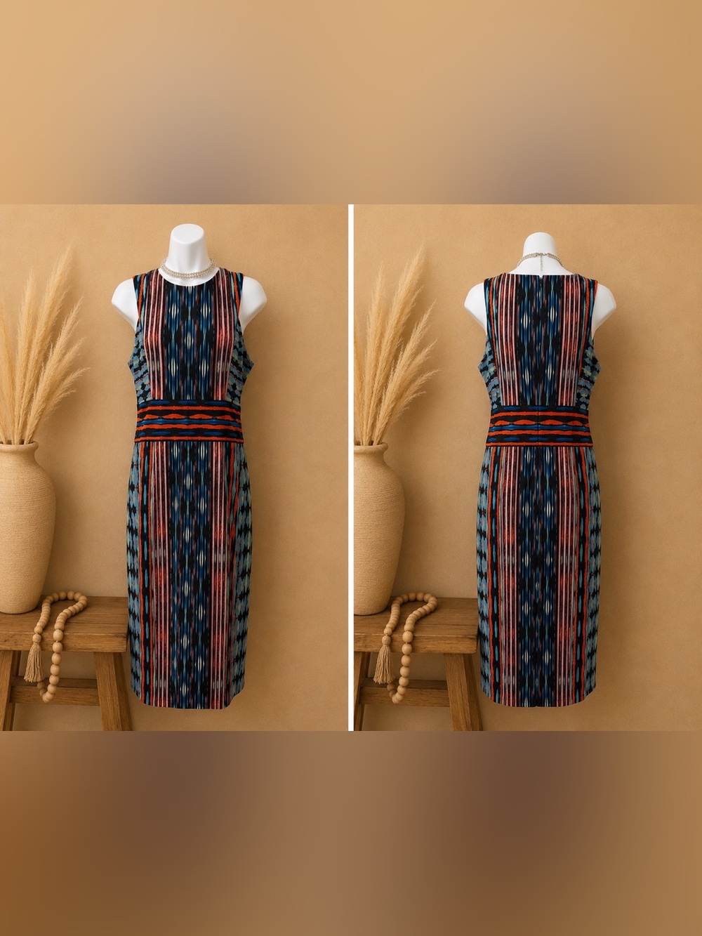 Maggy London - Navy and Rust Ikat Stripe Sheath Dress